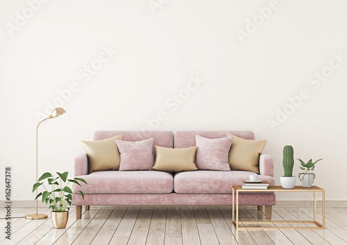 Livingroom interior wall mock up with pink fabric sofa and pillows on light beige wall background with free space on top. 3d rendering.
