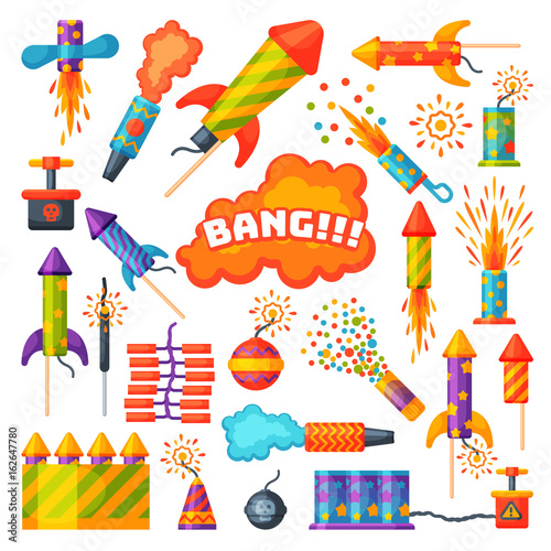 Fireworks pyrotechnics rocket and flapper birthday party gift celebrate seamless pattern vector illustration background festival
