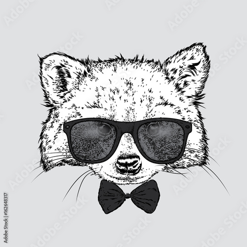 A cute raccoon with glasses and a tie. Vector illustration for a postcard or a poster, print for clothes. Wild animal in clothes.