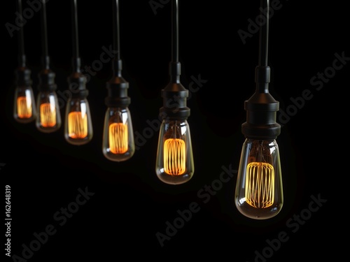 3D Rendering Vintage Light Bulbs isolated on black background