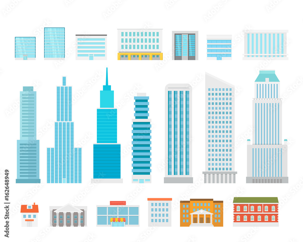 Different city elements vector collection. Modern city houses and scyscrapers