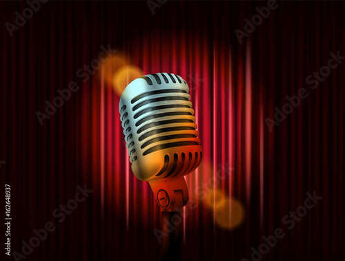 Opening stage curtains with golden microphone vector illustration. Standup show template
