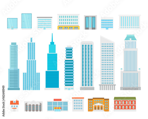 Different city elements vector collection. Modern city houses and scyscrapers