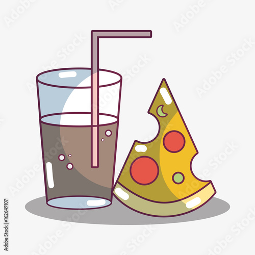 refreshment glass with slice of pizza food