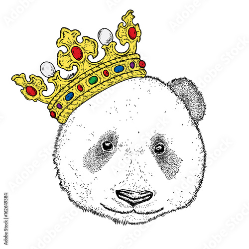 Fototapeta Naklejka Na Ścianę i Meble -  Cute panda in a beautiful golden crown. Bear. Vector illustration for a postcard or a poster, print on clothes. Fashion & Style.