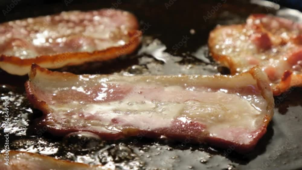sizzling bacon in black frying pan sizzling bacon in black frying pan