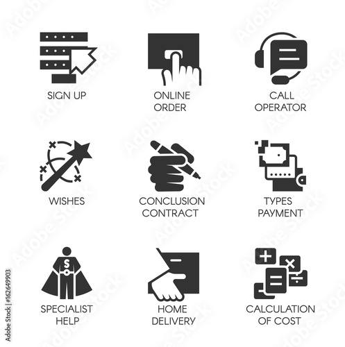 Vector set of 9 black icons in flat design of business, online orders and payments, fast delivery, conclusion contact, high customer service and other symbols. Vector labels isolated