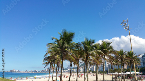 View with coconut trees on copacabana beach Rio de Janeiro Brazil
