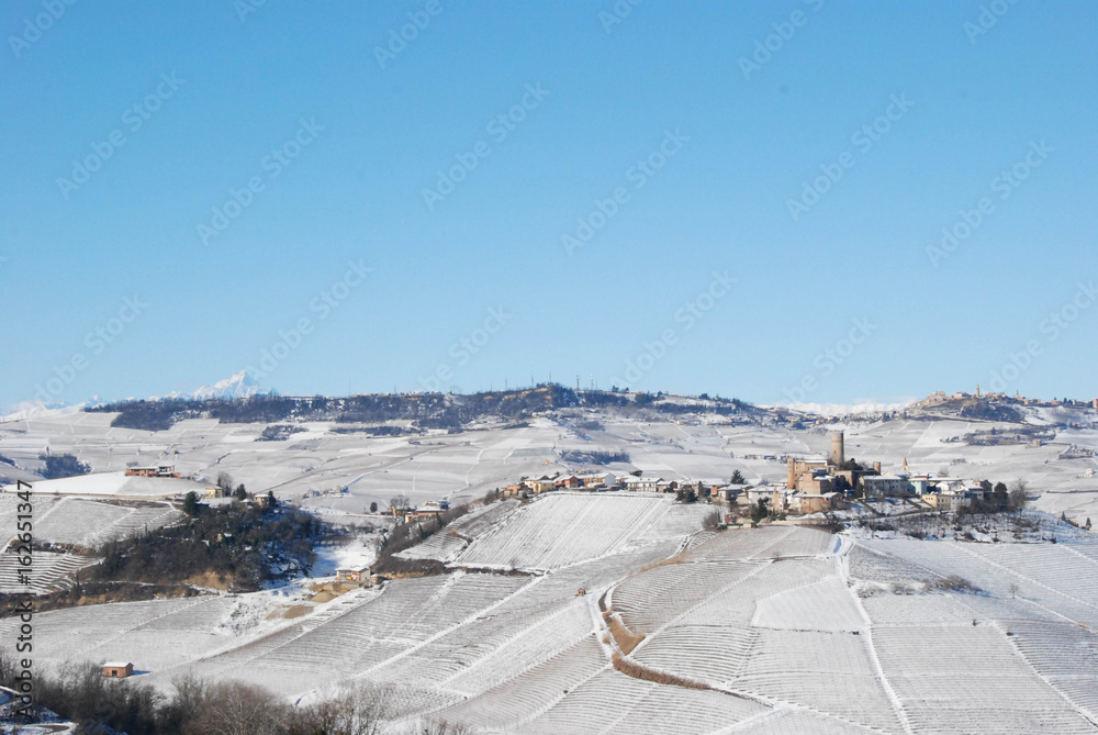 View of Langhe hills with snow