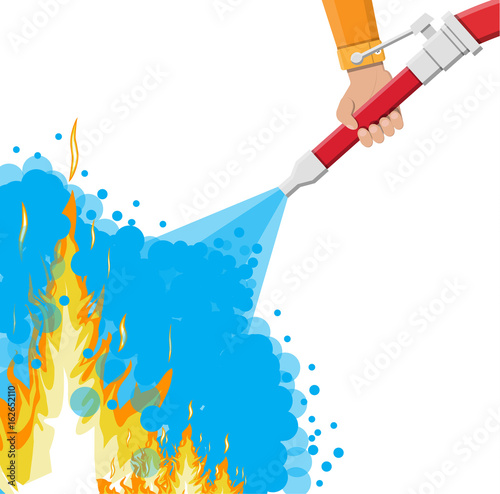 Water hose in hand to extinguish the fire.
