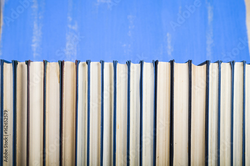 Stack of books on a blue background. © Elena Blokhina