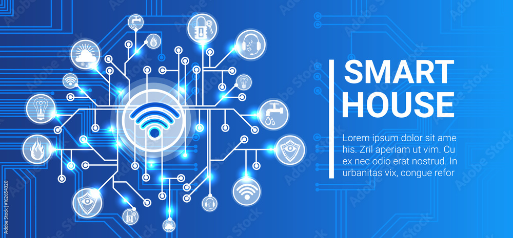 Obraz premium Smart House Technology Control System Icon Infographic With Copy Space Vector Illustration