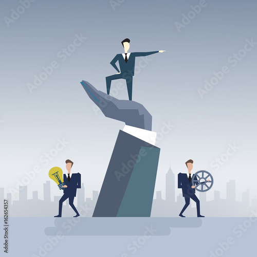 Business Man Standing On Big Businessman Hand Point Finger Leader Of Businesspeople Group Teamwork Concept Flat Vector Illustration