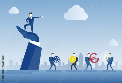 Business Man Standing On Big Businessman Hand Point Finger Leader Of Businesspeople Group Teamwork Concept Flat Vector Illustration