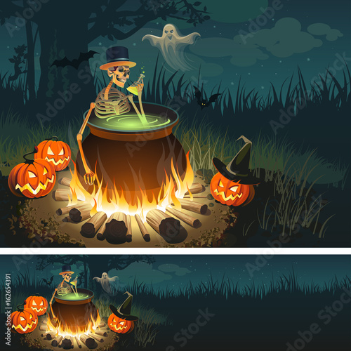Halloween illustration with a bonfire, a skeleton, a Ghost, Pumpkins and a bats.