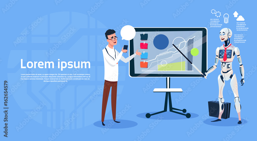 Modern Robot And Man Leading Presentation On Digital Screen Futuristic Artificial Intelligence Technology Concept Flat Vector Illustration Modern Robot And Man Leading Presentation On Digital Screen Futuristic Artificial Intelligence Technology Concept Flat Vector Illustration
