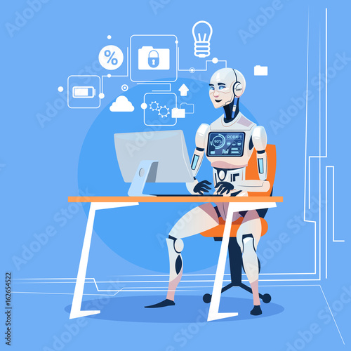 Modern Robot Working With Computer Fixing Errors Futuristic Artificial Intelligence Technology Concept Flat Vector Illustration