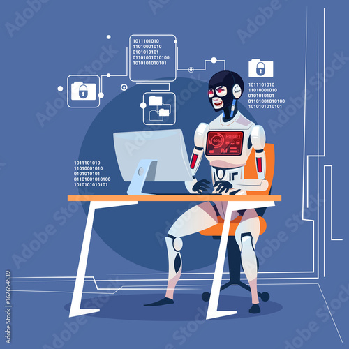 Modern Robot Computer Hacker Attack Futuristic Artificial Intelligence Technology Concept Flat Vector Illustration