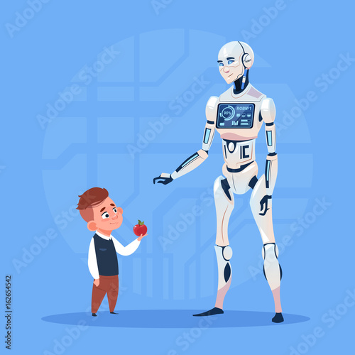 Modern Robot Communicating With Small Boy Futuristic Artificial Intelligence Technology Concept Flat Vector Illustration