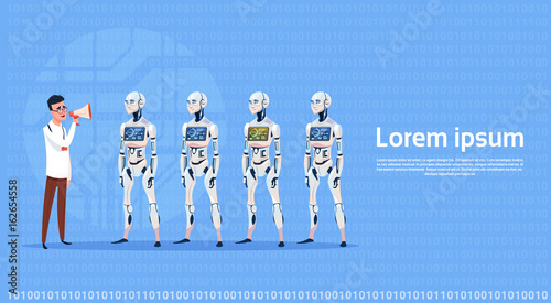 Man Leading Modern Robot Group Futuristic Artificial Intelligence Technology Concept Flat Vector Illustration
