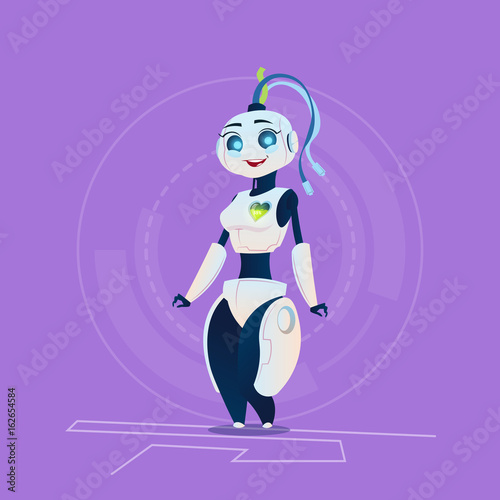 Cute Female Robot Happy Smiling Modern Artificial Intelligence Technology Concept Flat Vector Illustration