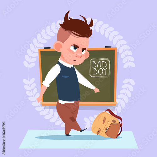 Small Bad School Boy Standing Over Class Board Hooligan Schoolboy Education Banner Flat Vector Illustration