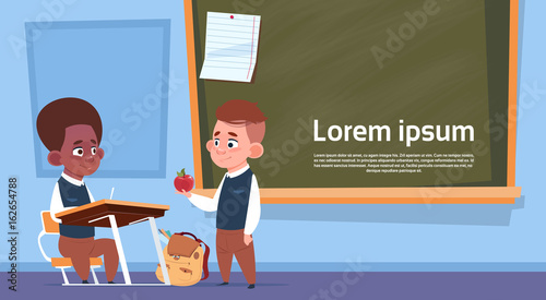 Mix Race Pupils In Class Room, Two School Boys Over Chalk Board Flat Vector Illustration