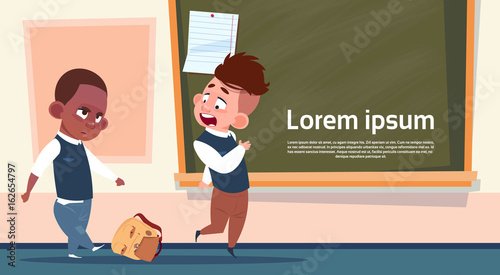 Mix Race Pupils In Class Room, Two Bad School Boys Over Chalk Board Flat Vector Illustration