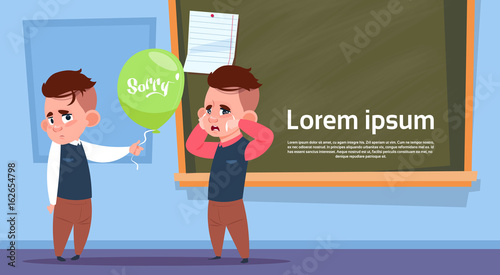 Pupils In Class Room, Two School Boys Asking Sorry Over Chalk Board Flat Vector Illustration