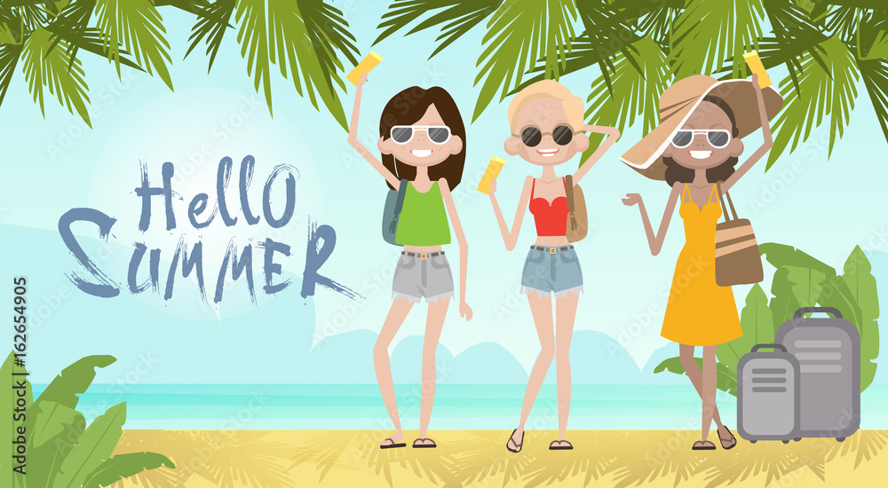 Girls On Summer Beach Vacation Concept Seaside Tropical Holiday Banner Flat Vector Illustration