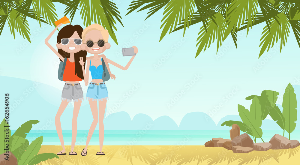 Two Girls Talking Selfie On Summer Beach Vacation Concept Seaside Tropical Holiday Banner Flat Vector Illustration