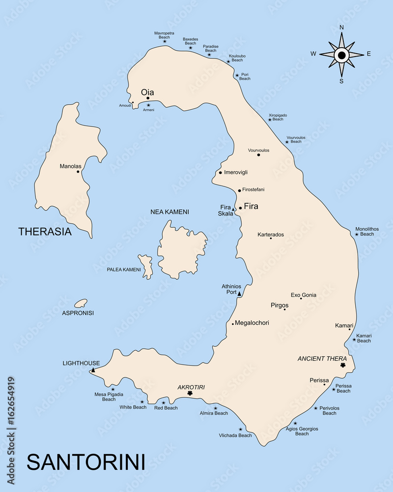 Vetor de The geography map of Santorini with Nea Kameni, Palea Kameni ...