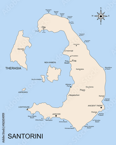 The geography map of Santorini with Nea Kameni, Palea Kameni, Aspronisi and Thirasia island, in the archipelago of the Ciclades islands. There is indicated the position of towns and beaches.