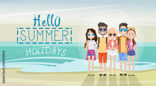 People Group On Summer Beach Vacation Concept Seaside Tropical Holiday Banner Flat Vector Illustration