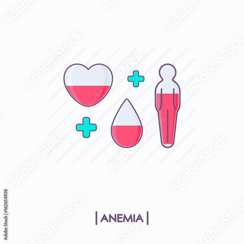 Collection of anemia icons. Heart, drop and human body with low level of red liquid