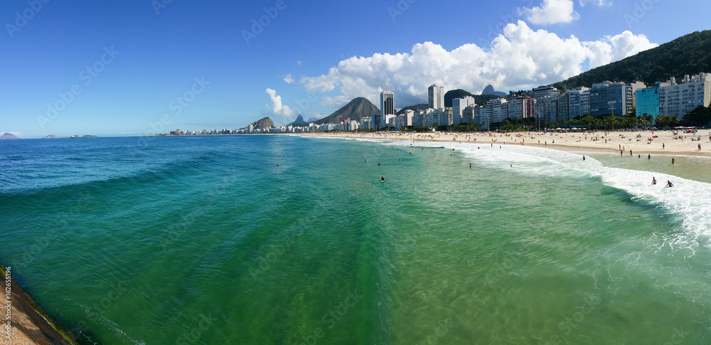 View of Copacabana and Leme beach with crystal clear water in Rio de Janeiro Brazil