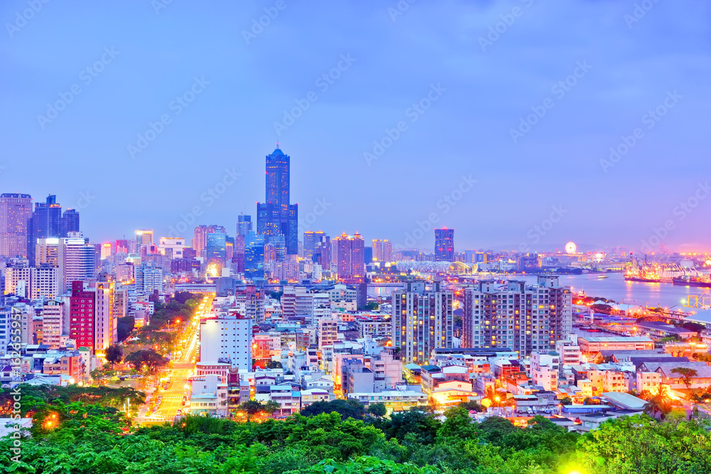 View of the skyline at night in Kaohsiung, Taiwan.