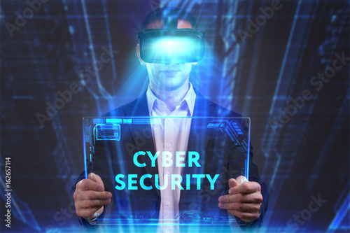 Business  Technology  Internet and network concept. Young businessman working in virtual reality glasses sees the inscription  Cyber security