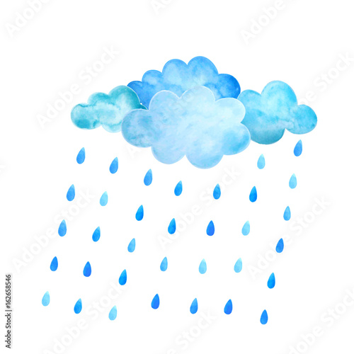 Watercolor clouds and rain isolated on white. Vector