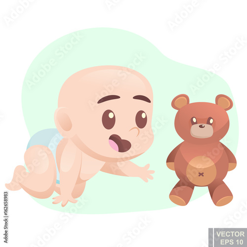 Cute cartoon crawling baby boy on all fours with teddy bear want toy  vector illustration infant child