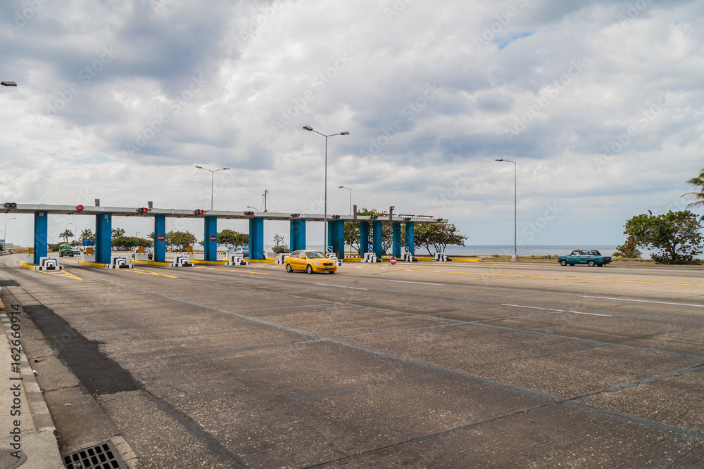 HAVANA, CUBA - FEB 22, 2016: Toll booth at the entry to Havana tunnel.
