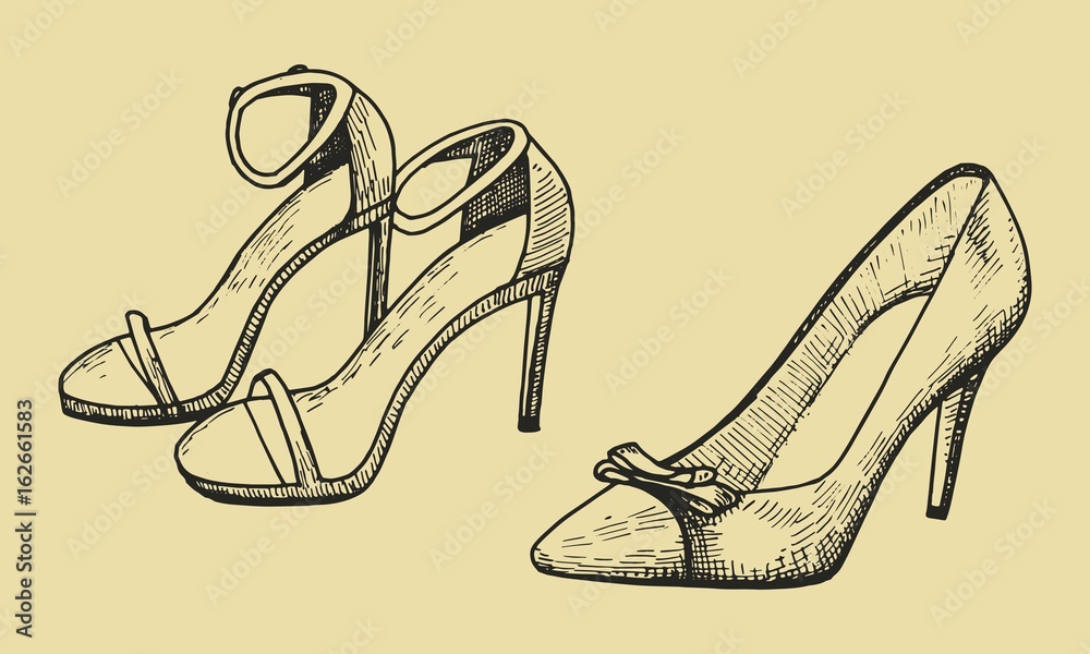 Hand-drawn set of women shoes. Block Heels, Ankle Booties on medium heel,  Ballerina flats, Pumps, stiletto, Open Toe Sandals, Slingback medium heel.  collection of fashion high heels shoes 9537509 Vector Art at