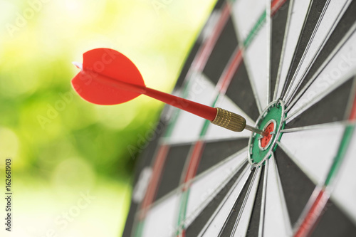 Darts in center of the target dartboard on a light green background 