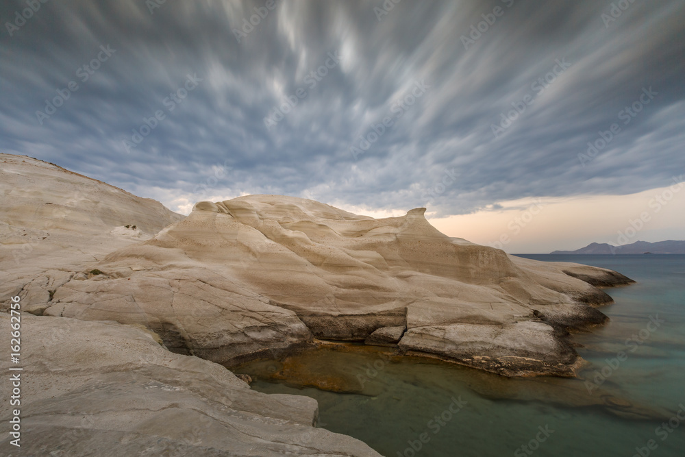 Volcanic rock formations on Sarakiniko beach on Milos island, Greece.
