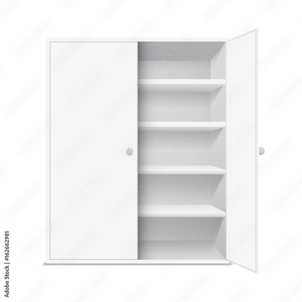 White cabinet with open door, isolated on white White cabinet with open door, isolated on white