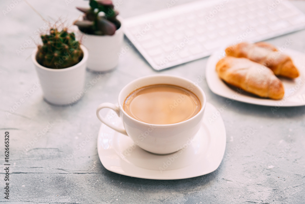 Morning Coffee mug with croissant and keyboard Morning Coffee mug with croissant and keyboard