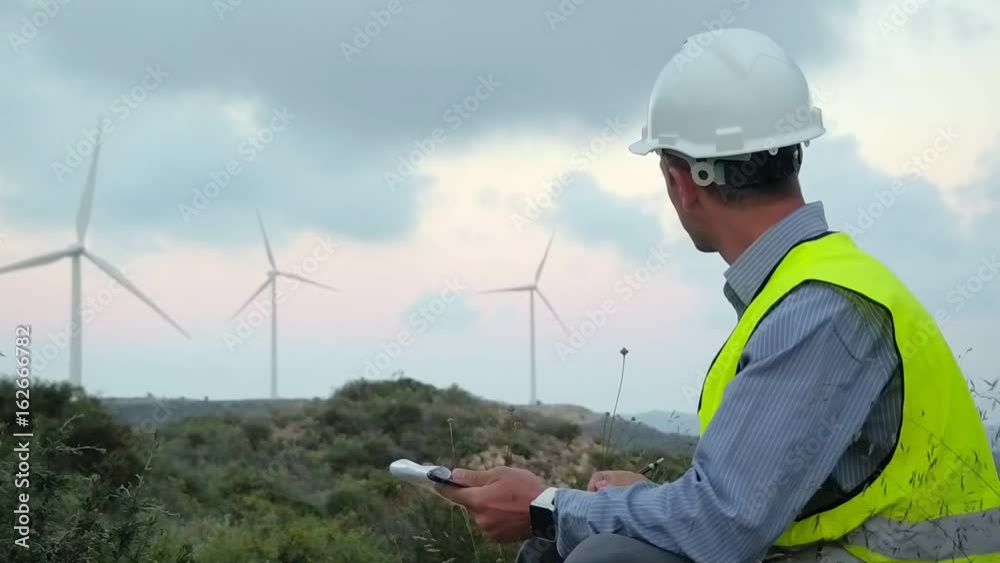 Employee of wind power makes notes during the inspection of the mill Employee of wind power makes notes during the inspection of the mill