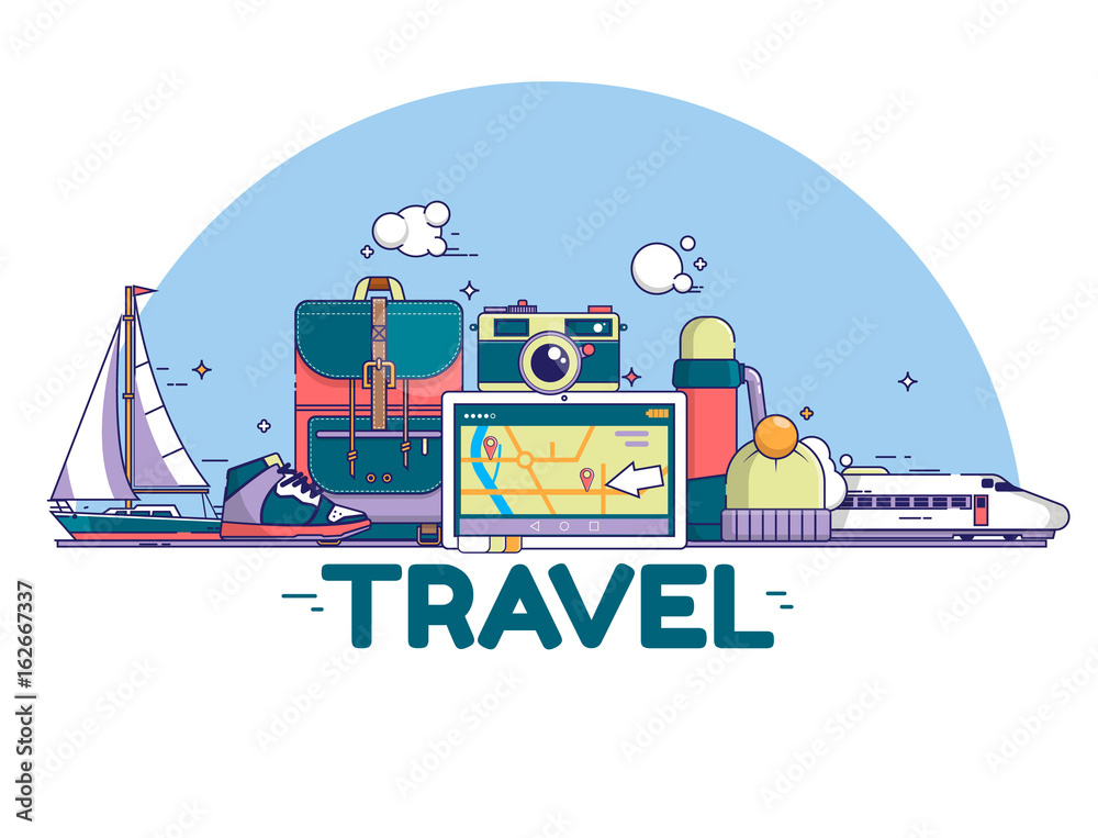 Travel concept illustration. Signs and icons on white background. Vector illustration