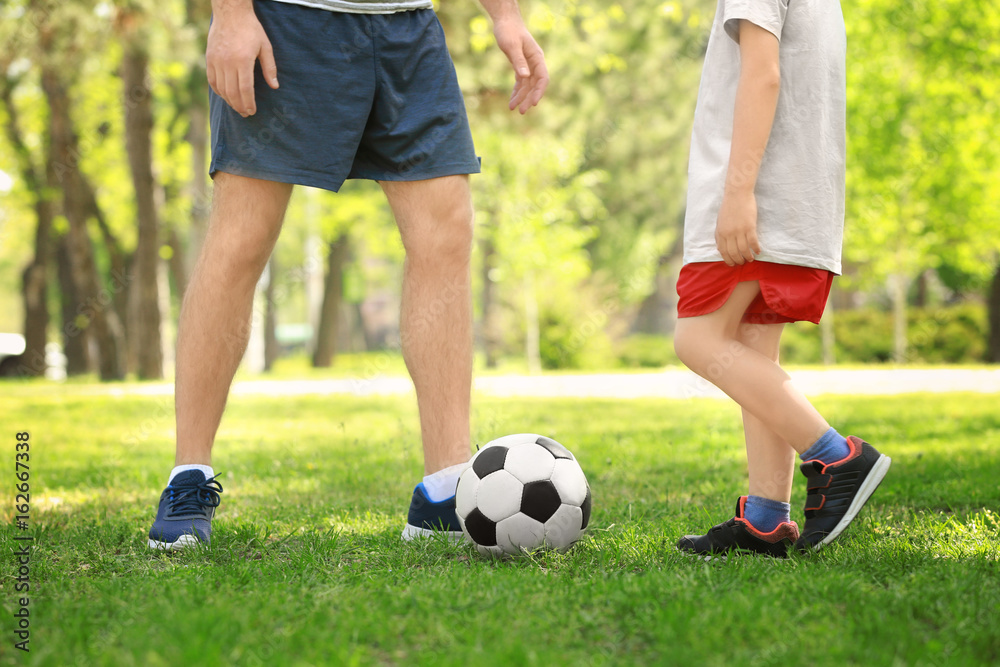 Father and son playing football on green grass in park Father and son playing football on green grass in park