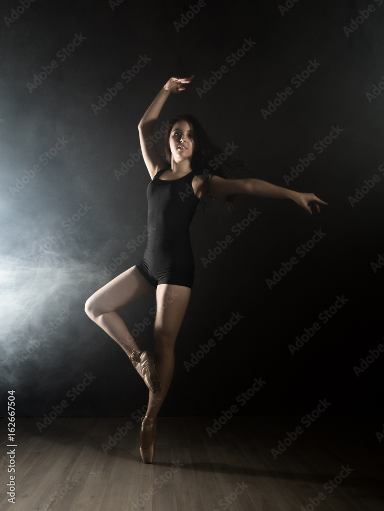 young beautiful ballet dancer in pointe shoes, dancing in a smoke on a dark background.